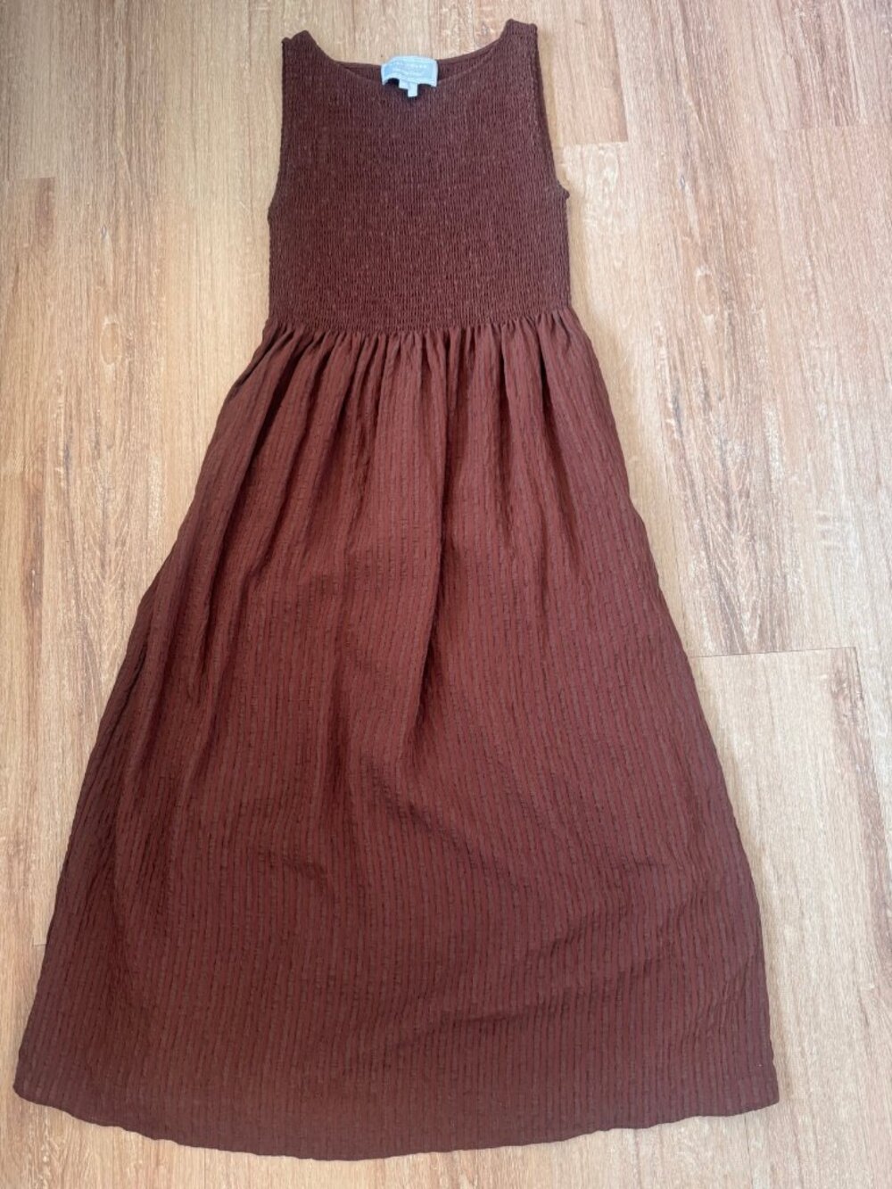 Hill House The Nap Dress Brown Seersucker Smocked Midi Size M
